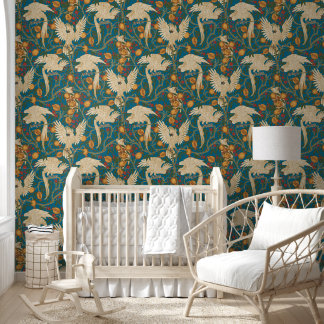 Cockatoo and Pomegranate in orient blue Wallpaper