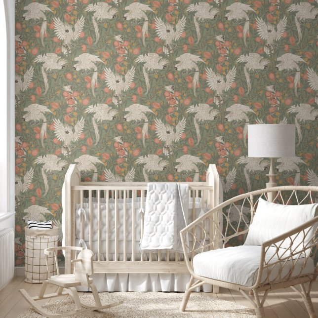 Cockatoo and Pomegranate in sage green  Wallpaper (Kids)