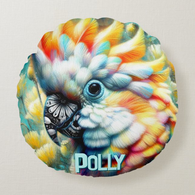 Cockatoo Bird Yellow Poppies Personalized Round Pillow (Front)