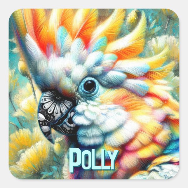 Cockatoo Bird Yellow Poppies Personalized Square Sticker (Front)