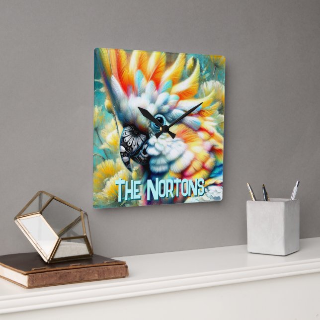 Cockatoo Bird Yellow Poppies Personalized Square Wall Clock (Office)