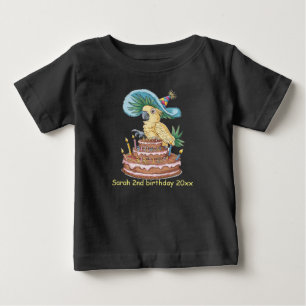 cockatoo perched on birthday cake fancy hat baby T-Shirt