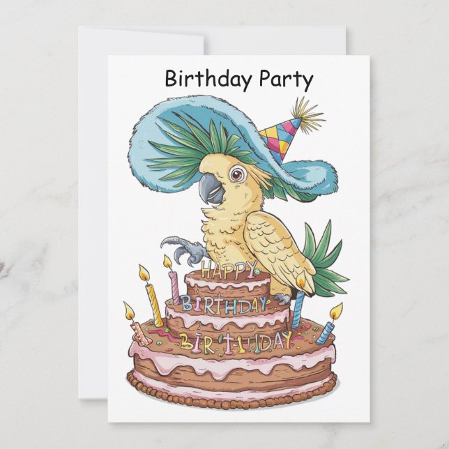 cockatoo perched on birthday cake fancy hat invitation (Front)
