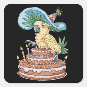 cockatoo perched on birthday cake fancy hat square sticker
