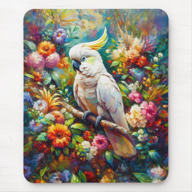 Cockatoo with Colourful Flowers Mouse Pad (Front)