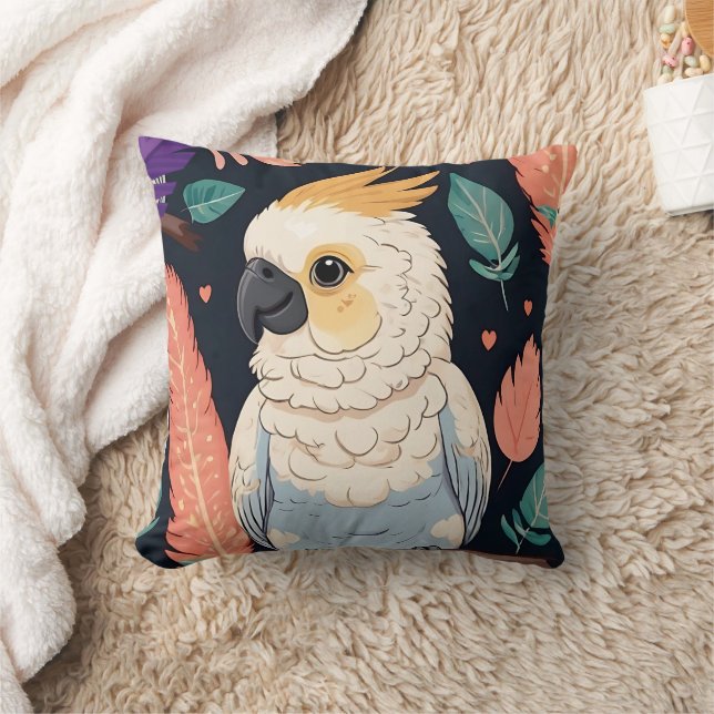 Cockatoo with feather print throw pillow (Blanket)