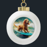 Cocker Spaniel Beach Surfing Painting Ceramic Ball Christmas Ornament<br><div class="desc">Immerse yourself in the playful world of canine adventure with this captivating painting. A spirited dog takes to the waves, skilfully riding the surf on a sun-kissed beach. The vibrant artwork beautifully captures the essence of beachside excitement as the dog fearlessly rides the waves, embodying the spirit of fun and...</div>