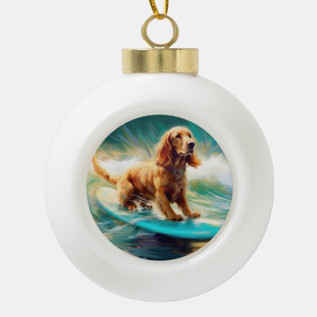 Cocker Spaniel Beach Surfing Painting Ceramic Ball Christmas Ornament (Front)