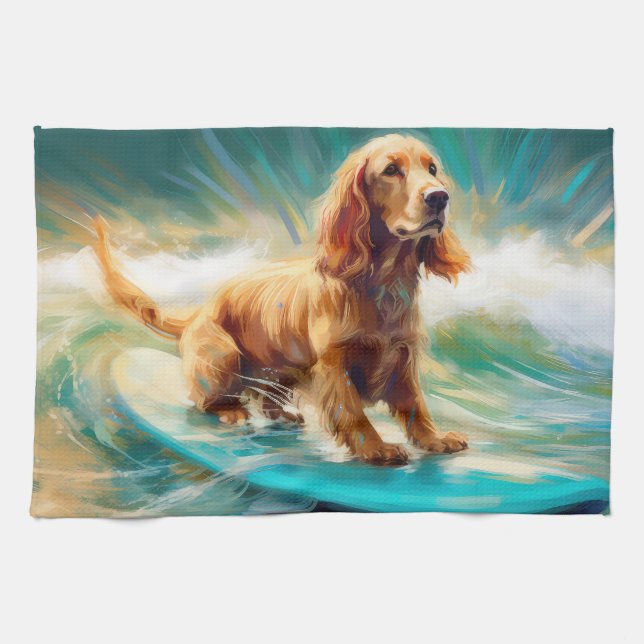 Cocker Spaniel Beach Surfing Painting Kitchen Towel (Horizontal)