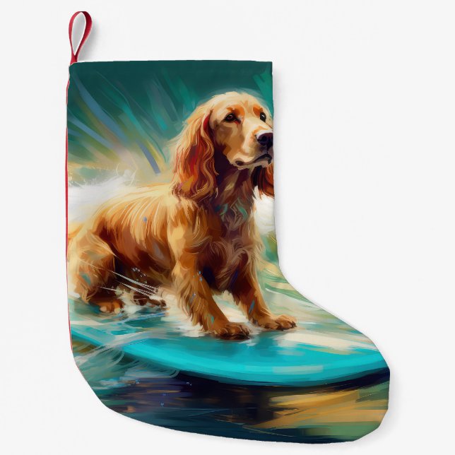 Cocker Spaniel Beach Surfing Painting Small Christmas Stocking (Front)