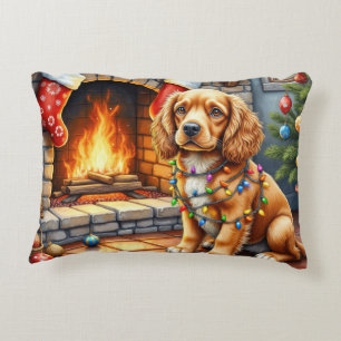 Cocker Spaniel by Fireplace with Christmas Lights Accent Pillow