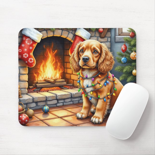 Cocker Spaniel by Fireplace with Christmas Lights Mouse Pad (With Mouse)