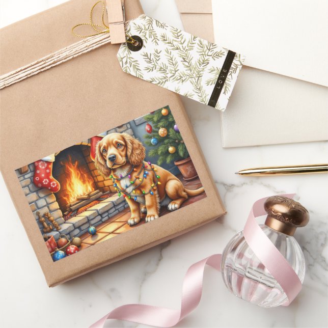 Cocker Spaniel by Fireplace with Christmas Lights Sticker (Gifting)