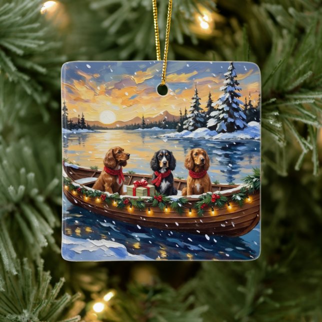 Cocker Spaniel Christmas Boat Holiday Ceramic Ornament (Tree)