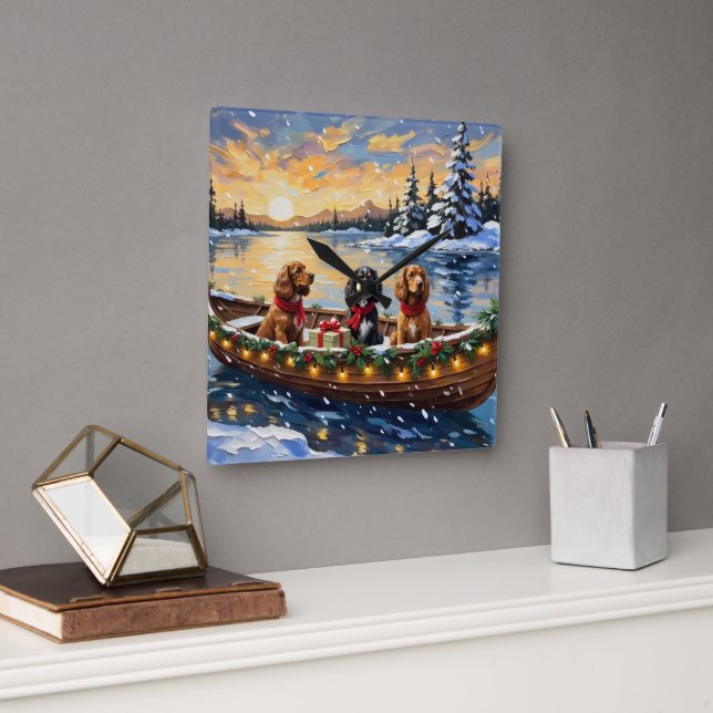 Cocker Spaniel Christmas Boat Holiday Square Wall Clock (Office)
