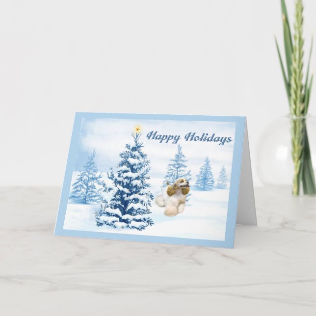 Cocker Spaniel Christmas Card Blue Tree (Front)