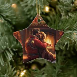 Cocker Spaniel Christmas Ornament, Fireman Pet  Ceramic Ornament