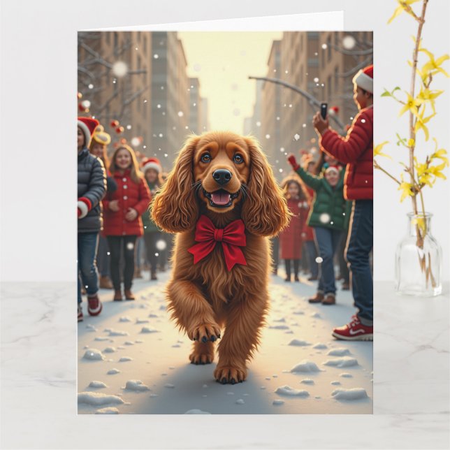 Cocker Spaniel Christmas Parade Holiday Painting Card (Yellow Flower)