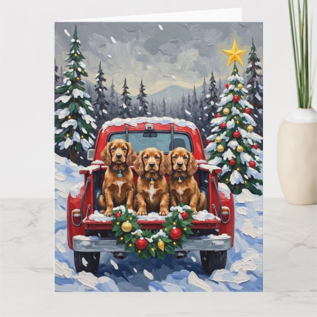 Cocker Spaniel Christmas Red Truck Holiday Card (Front)
