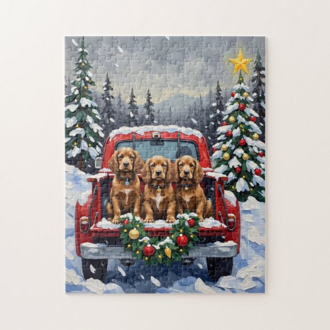 Cocker Spaniel Christmas Red Truck Holiday Jigsaw Puzzle (Vertical)