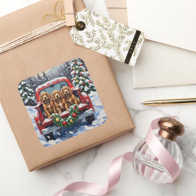 Cocker Spaniel Christmas Red Truck Holiday Square Sticker (Gifting)