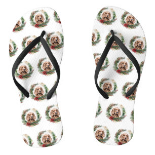 Cocker Spaniel Christmas Wreath Festive Pup  Flip Flops