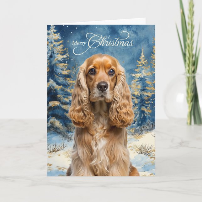 Cocker Spaniel Dog and Blue Winter Pine Forest Holiday Card (Front)