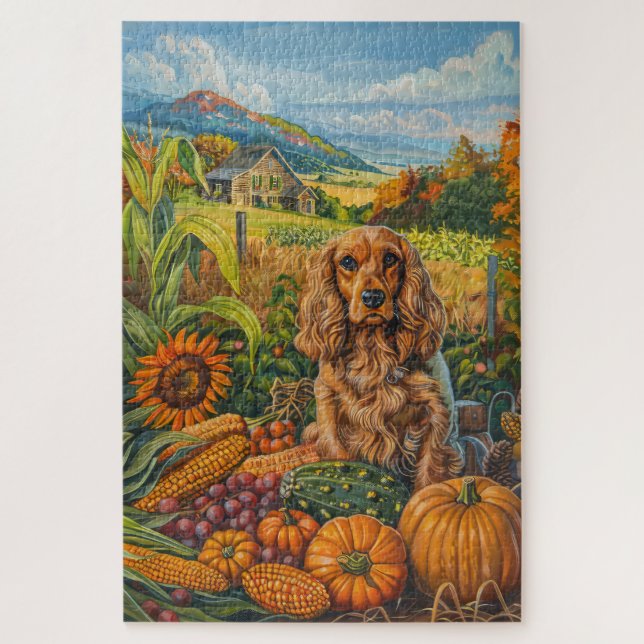 Cocker Spaniel Dog Autumn Harvest Thanksgiving Jigsaw Puzzle (Vertical)