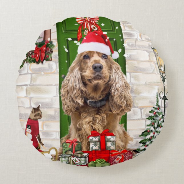 Cocker Spaniel Dog Christmas   Round Pillow (Front)