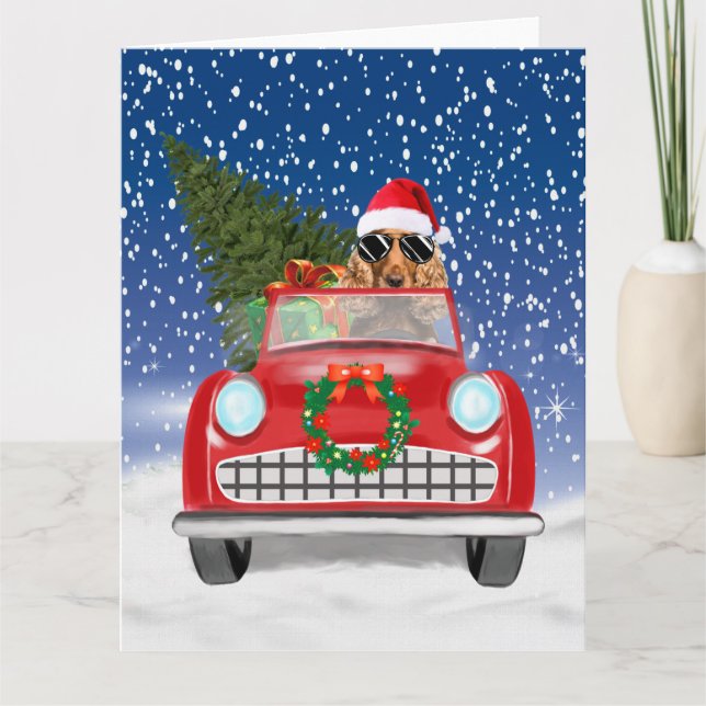 Cocker Spaniel Dog Driving Car In Snow Christmas  Card (Front)