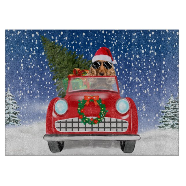 Cocker Spaniel Dog Driving Car In Snow Christmas Cutting Board (Front)