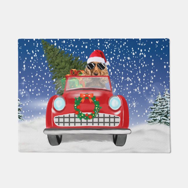 Cocker Spaniel Dog Driving Car In Snow Christmas  Doormat (Front)