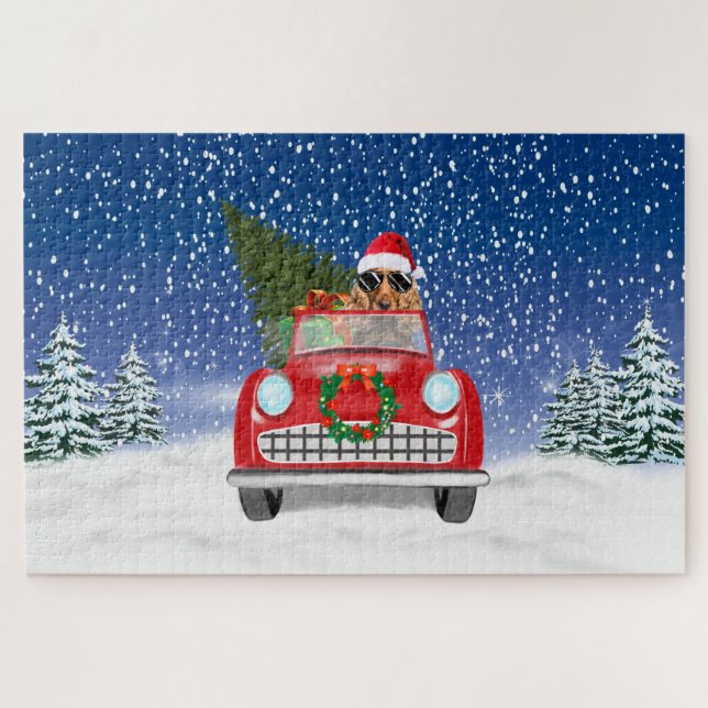 Cocker Spaniel Dog Driving Car In Snow Christmas Jigsaw Puzzle (Horizontal)