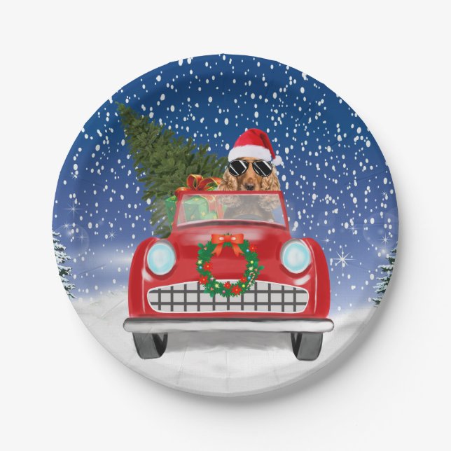 Cocker Spaniel Dog Driving Car In Snow Christmas  Paper Plate (Front)