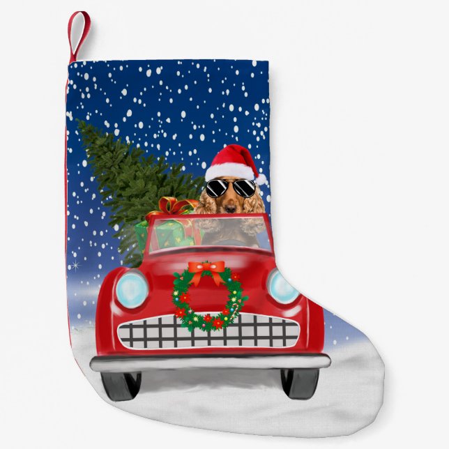 Cocker Spaniel Dog Driving Car In Snow Christmas Small Christmas Stocking (Front)