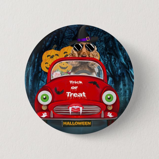 Cocker Spaniel Dog Driving Car Scary Halloween  2 Inch Round Button (Front)