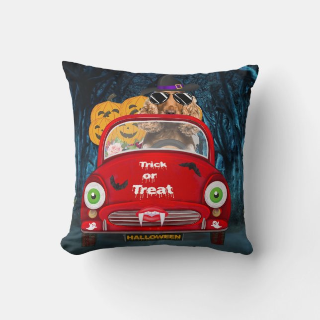 Cocker Spaniel Dog Driving Car Scary Halloween Throw Pillow (Front)