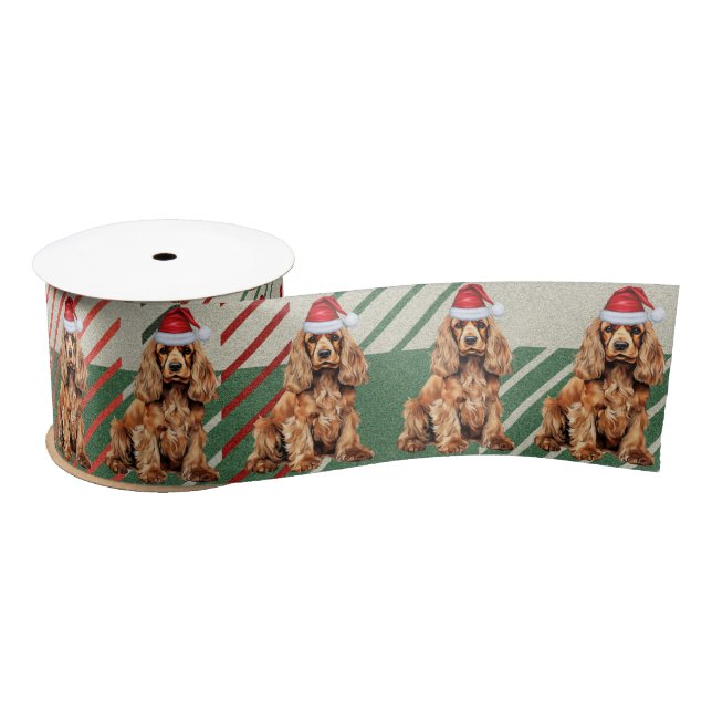 Cocker Spaniel Dog Holiday Plaid Funny Christmas Satin Ribbon (Spool)