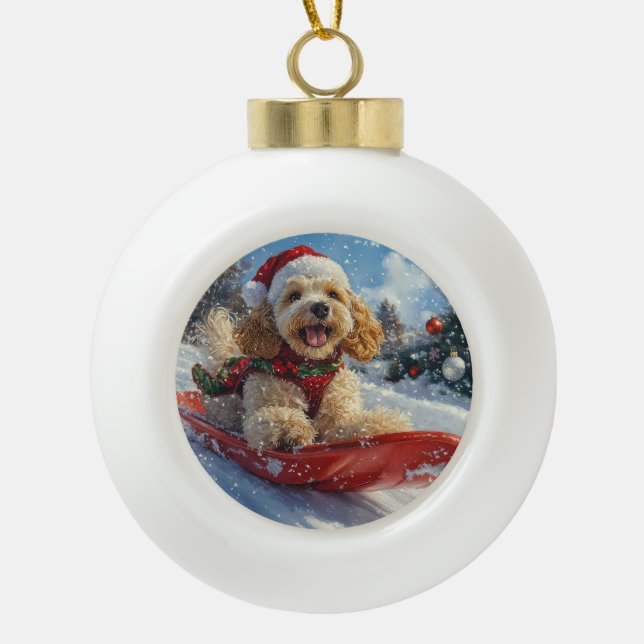 Cocker Spaniel Dog in Sledge Let it Snow Christmas Ceramic Ball Christmas Ornament (Front)