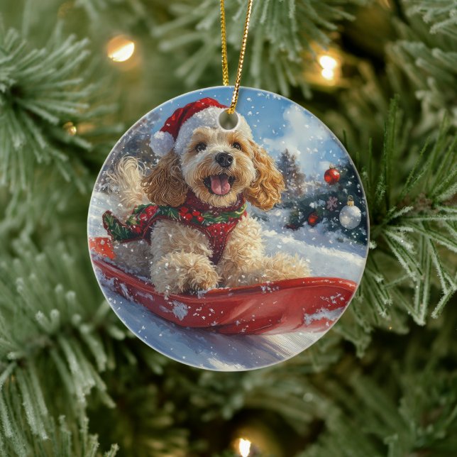 Cocker Spaniel Dog in Sledge Let it Snow Christmas Ceramic Ornament (Tree)