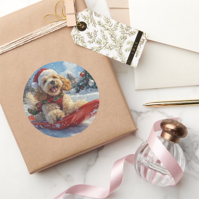 Cocker Spaniel Dog in Sledge Let it Snow Christmas Classic Round Sticker (Gifting)