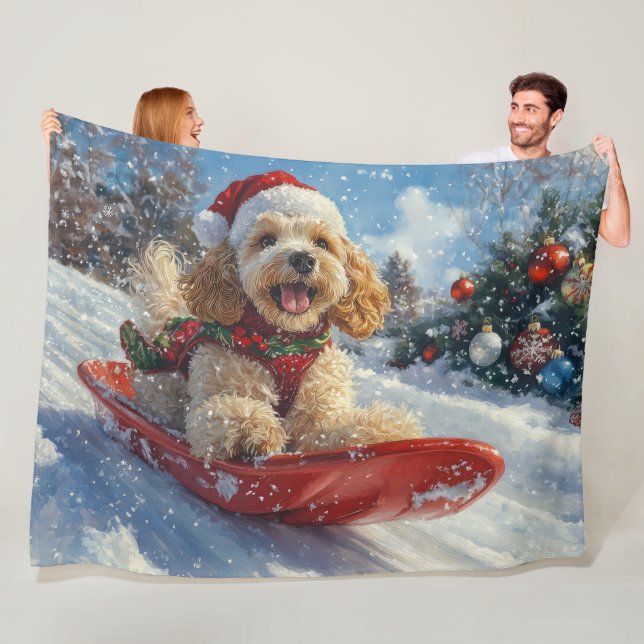 Cocker Spaniel Dog in Sledge Let it Snow Christmas Fleece Blanket (In Situ)