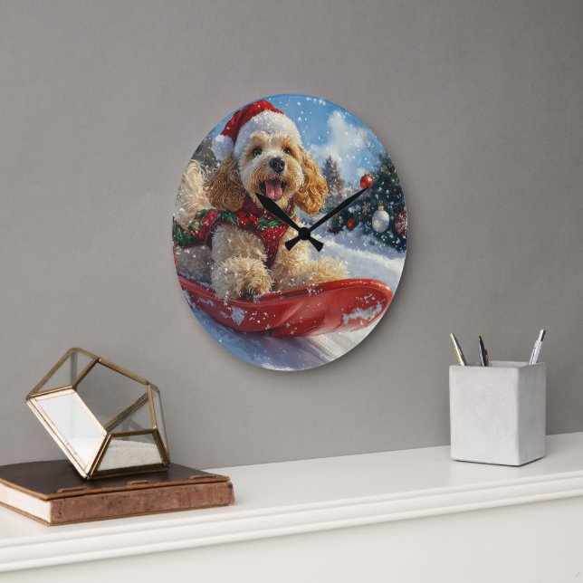 Cocker Spaniel Dog in Sledge Let it Snow Christmas Large Clock (Office)