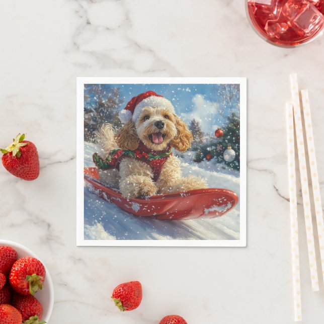 Cocker Spaniel Dog in Sledge Let it Snow Christmas Napkin (Insitu)