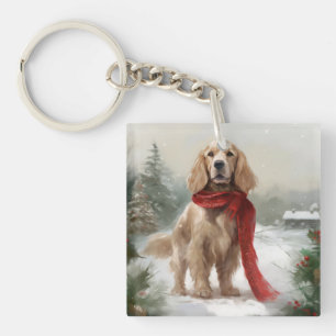 Cocker Spaniel Dog in Snow Christmas Keychain