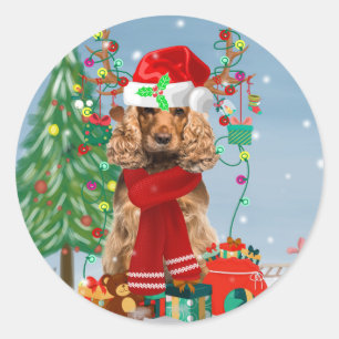 Cocker Spaniel Dog in Snow with Christmas Gifts  Classic Round Sticker