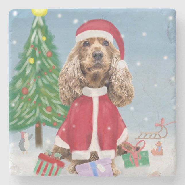 Cocker Spaniel Dog in Snow with Christmas Gifts  Stone Coaster (Front)