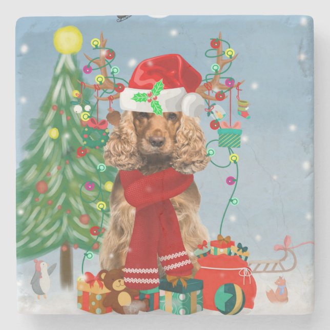 Cocker Spaniel Dog in Snow with Christmas Gifts   Stone Coaster (Front)