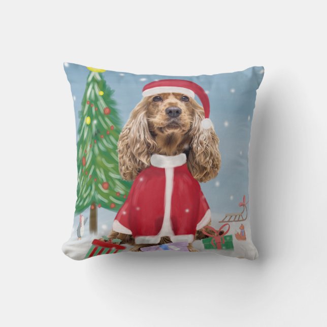 Cocker Spaniel Dog in Snow with Christmas Gifts Throw Pillow (Front)