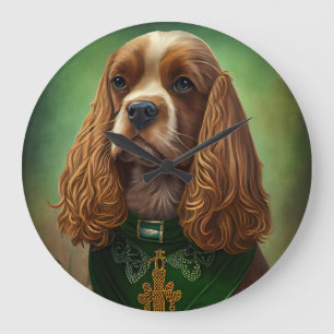 Cocker Spaniel Dog in St. Patrick's Day Dress Large Clock